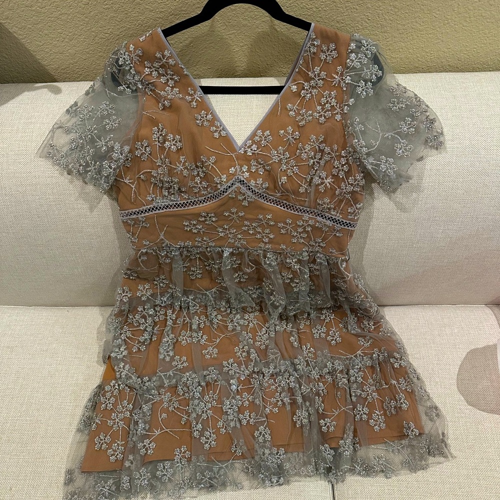 Grey Floral Sequin Mini Dress